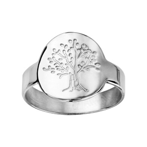 Bague en argent rhodié plateau rond de 15mm avec gravure arbre de vie