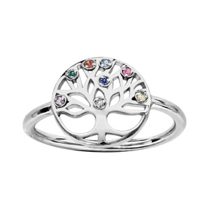 Bague en argent rhodié motif arbre de vie empierrés multi couleurs