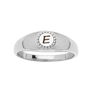 Chevalière en argent rhodié petit plateau rond contour perlé