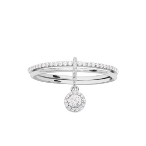 Bague en argent rhodié double anneau avec rail oxydes blancs sertis et pampille oxydes blancs sertis