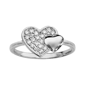 Bague en argent rhodié 2 coeurs dont 1 pavé d’oxydes blancs et l’autre lisse