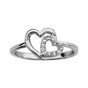 Bague en argent rhodié 2 coeurs ajourés croisés dont 1 orné d’oxydes blancs