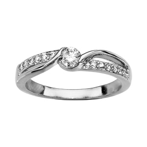 Bague en argent rhodié oxyde rond blanc au centre et 2 rangs d’oxydes blancs et brins lisses en forme de vague qui se rejoignent au centre