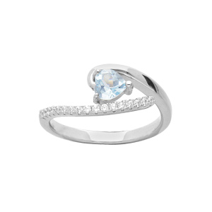 Bague en argent rhodié coeur en Topaze bleu ciel véritable et oxydes blancs sertis