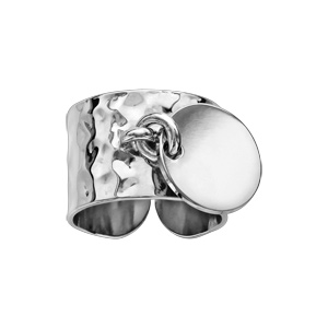 Bague en argent rhodié martelée anneau pastille ronde