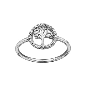 Bague en argent rhodié petit arbre de vie contour oxydes blancs sertis