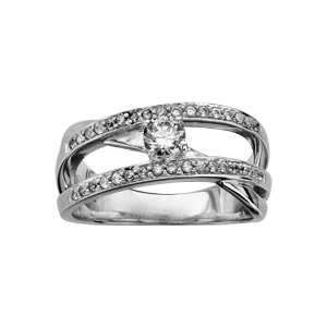 Bague en argent rhodié avec 2 rails d’oxydes blancs et 1 oxyde blanc central sur brin diagonal