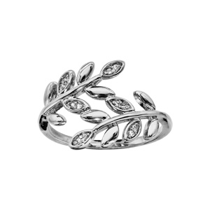 Bague en argent rhodié feuillage lisse et oxydes blancs