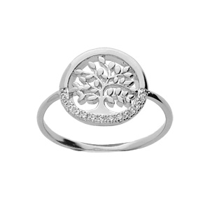 Bague en argent rhodie motif arbre de vie t oxydes blancs sertis