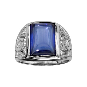 Bague en argent rhodié de type chevalière ornée d’une grosse Agate bleue