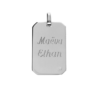 Pendentif en argent rhodié plaque G.I à graver 25*14mm pans coupés avec oxyde blanc serti