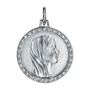 Pendentif médaille en argent rhodié vierge contour oxydes blancs sertis 20mm