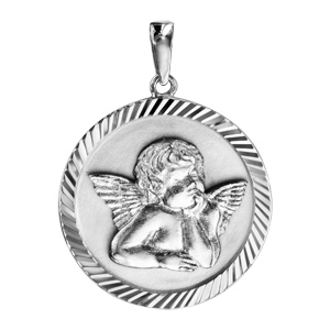 Pendentif médaille en argent rhodié  Ange contour diamanté