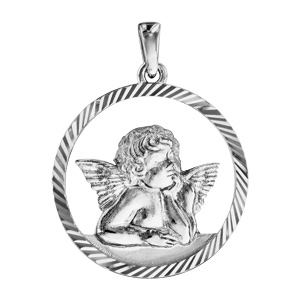 Pendentif médaille en argent rhodié Ange contour ajouré diamanté