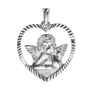 Pendentif argent rhodié coeur Ange contour ajouré diamanté