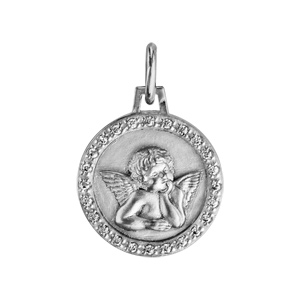 Pendentif médaille en argent rhodié Ange contour oxydes blancs sertis 15mm