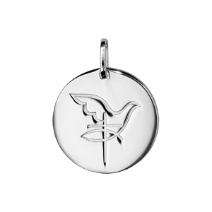 pendentif en argent rhodié médaille ronde colombe avec croix