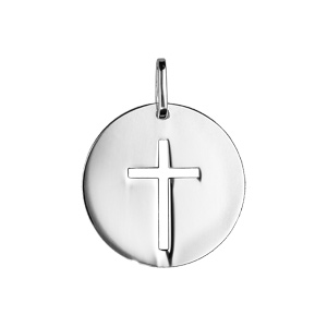 Pendentif en argent rhodié médaille ronde avec croix ajourée