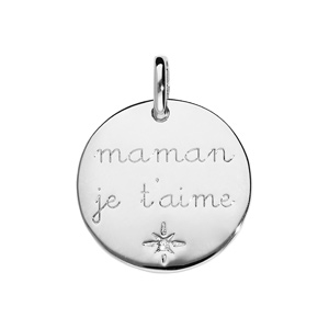 Pendentif en argent rhodié pastille « maman je t’aime » étoile et 1 oxyde blanc serti