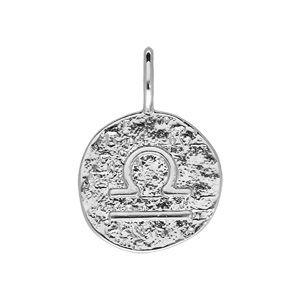 Pendentif en argent rhodié rond martelé avec signe du zodiaque Balance