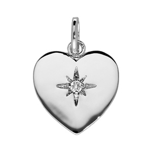 Pendentif en argent rhodié coeur lisse avec étoile en oxyde blanc serti