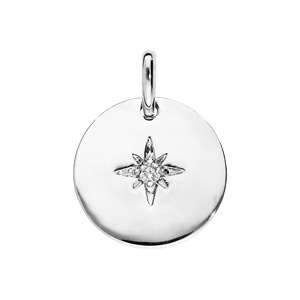 Pendentif en argent rhodié rond 15mm avec 1 étoile en oxyde blanc serti