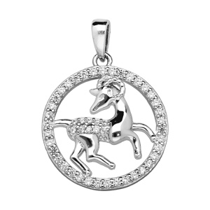 Pendentif en argent rhodié rond avec signe du zodiaque Bélier et contour d’oxydes blancs sertis