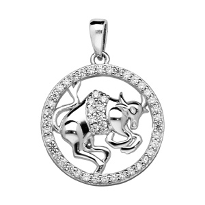 Pendentif en argent rhodié rond avec signe du zodiaque Taureau et contour d’oxydes blancs sertis