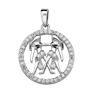 Pendentif en argent rhodié rond avec signe du zodiaque Gémeaux et contour d’oxydes blancs sertis