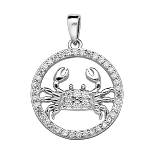 Pendentif en argent rhodié rond avec signe du zodiaque Cancer et contour d’oxydes blancs sertis