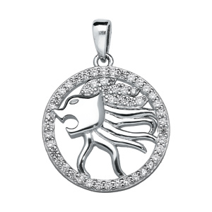 Pendentif en argent rhodié rond avec signe du zodiaque Lion et contour d’oxydes blancs sertis