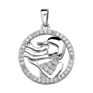 Pendentif en argent rhodié rond avec signe du zodiaque Vierge et contour d’oxydes blancs sertis