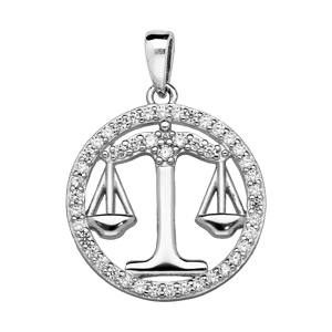 Pendentif en argent rhodié rond avec signe du zodiaque Balance et contour d’oxydes blancs sertis