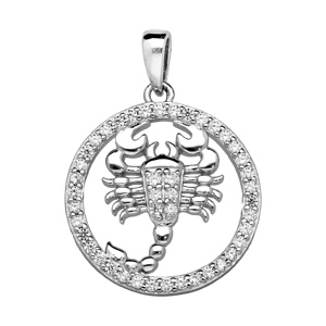 Pendentif en argent rhodié rond avec signe du zodiaque Scorpion et contour d’oxydes blancs sertis