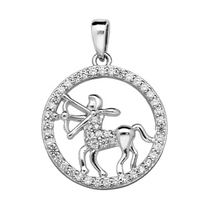 Pendentif en argent rhodié rond avec signe du zodiaque Sagittaire et contour d’oxydes blancs sertis