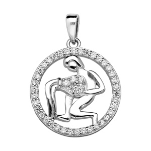 Pendentif en argent rhodié rond avec signe du zodiaque Verseau et contour d’oxydes blancs sertis