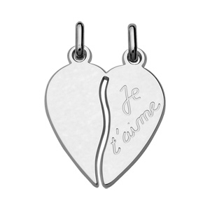 Pendentif en argent rhodié sécable coeur à partager gravé « Je t’aime »