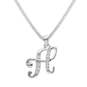 Collier avec pendentif en argent rhodié initiale H majuscule avec oxydes blancs sertis longueur 42cm + 3cm