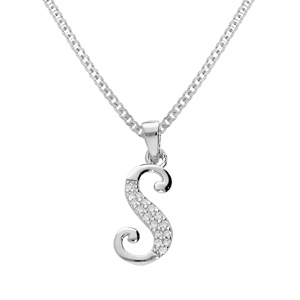 Collier avec pendentif en argent rhodié initiale S majuscule avec oxydes blancs sertis longueur 42cm + 3cm