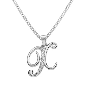 Collier avec pendentif en argent rhodié initiale X majuscule avec oxydes blancs sertis longueur 42cm
