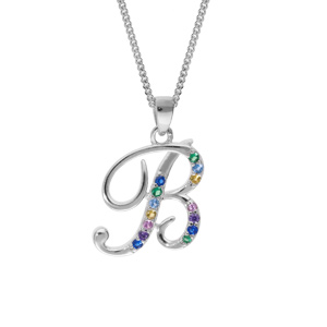 Collier en argent rhodié chaîne avec pendentif initiale B et oxydes multi couleurs sertis 42+3cm