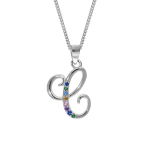 Collier en argent rhodié chaîne avec pendentif initiale C et oxydes multi couleurs sertis 42+3cm