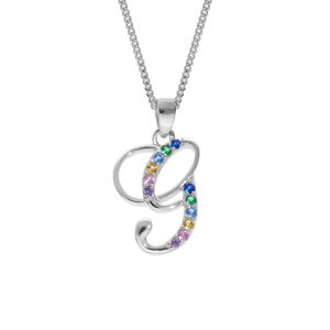 Collier en argent rhodié chaîne avec pendentif initiale G et oxydes multi couleurs sertis 42+3cm