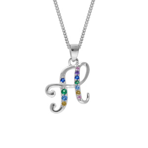 Collier en argent rhodié chaîne avec pendentif initiale H et oxydes multi couleurs sertis 42+3cm
