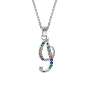 Collier en argent rhodié chaîne avec pendentif initiale I et oxydes multi couleurs sertis 42+3cm