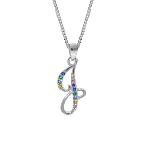 Collier en argent rhodié chaîne avec pendentif initiale J et oxydes multi couleurs sertis 42+3cm