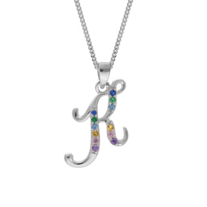 Collier en argent rhodié chaîne avec pendentif initiale K et oxydes multi couleurs sertis 42+3cm