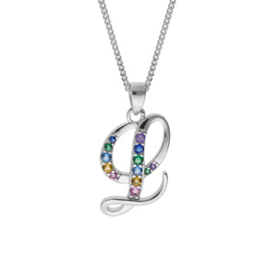 Collier en argent rhodié chaîne avec pendentif initiale L et oxydes multi couleurs sertis 42+3cm