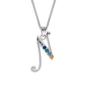 Collier en argent rhodié chaîne avec pendentif initiale N et oxydes multi couleurs sertis 42+3cm