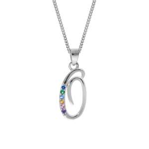 Collier en argent rhodié chaîne avec pendentif initiale O et oxydes multi couleurs sertis 42+3cm